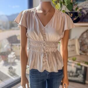 White House Black Market, Ivory Smocked Waist Flutter Sleeve Blouse, Women's XS